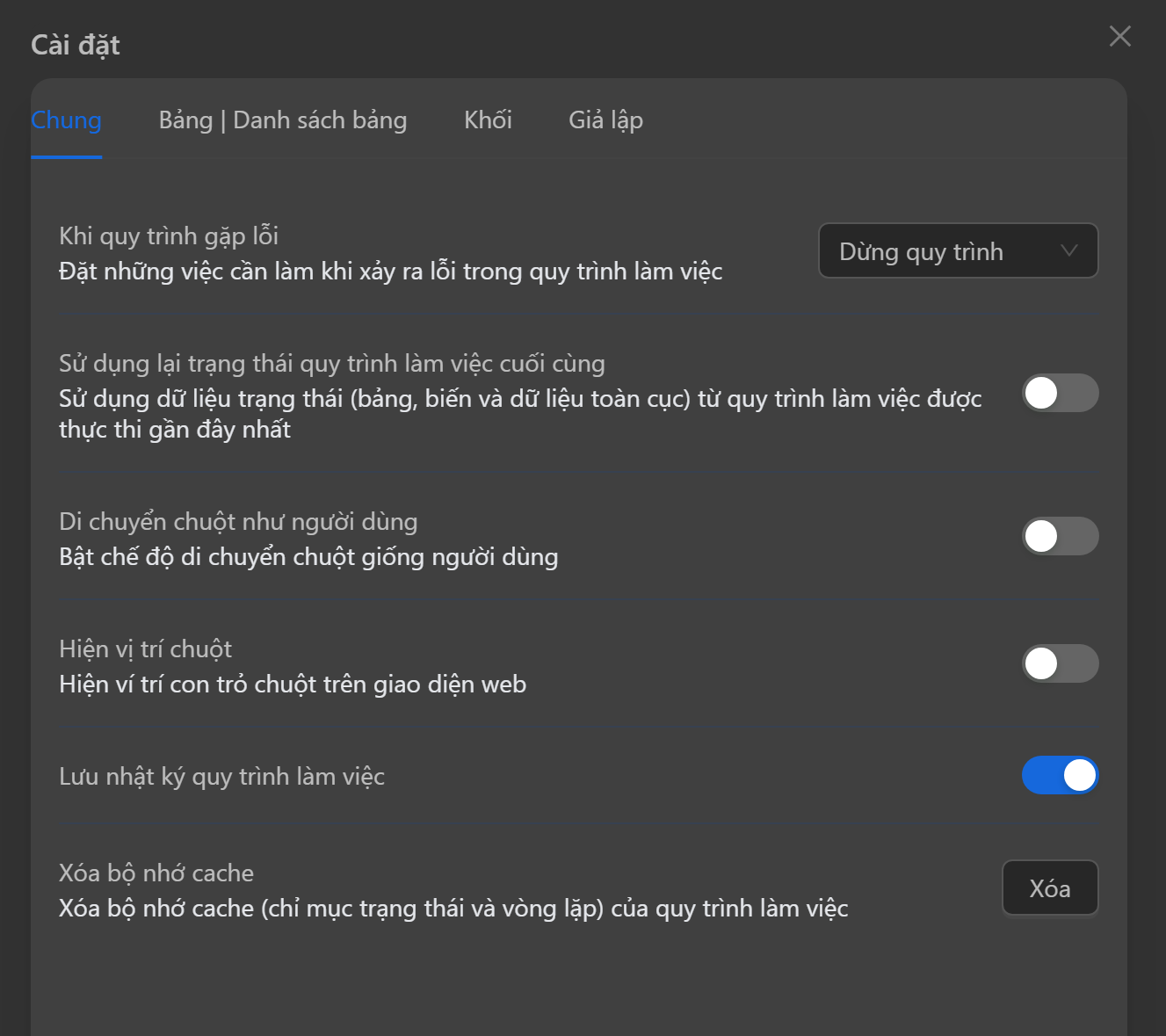 workflow settings