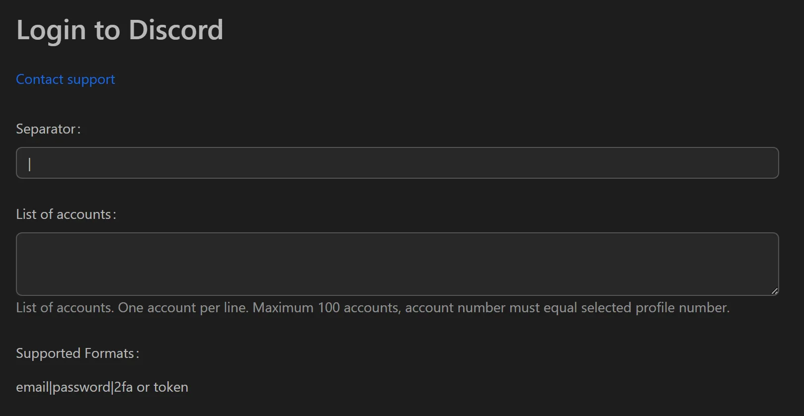 Discord auto-login tool interface showing profile and token configuration