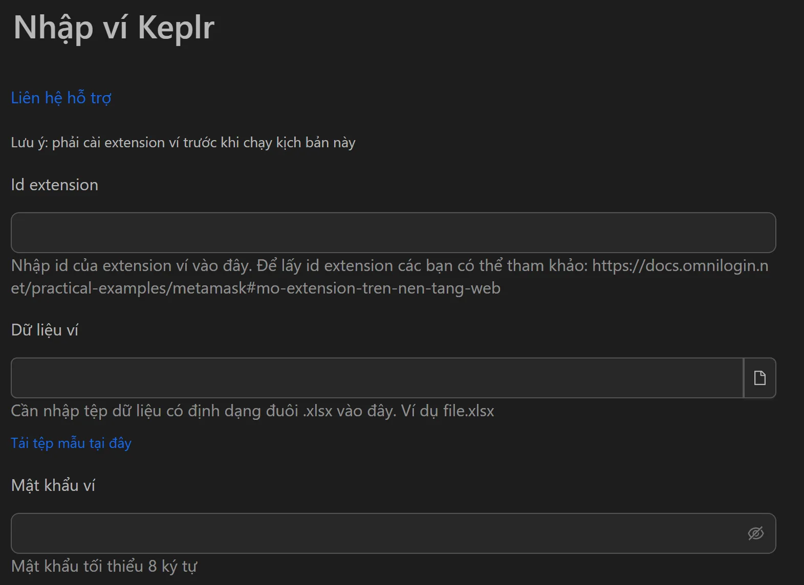 Giao diện tool nhập ví Keplr hàng loạt